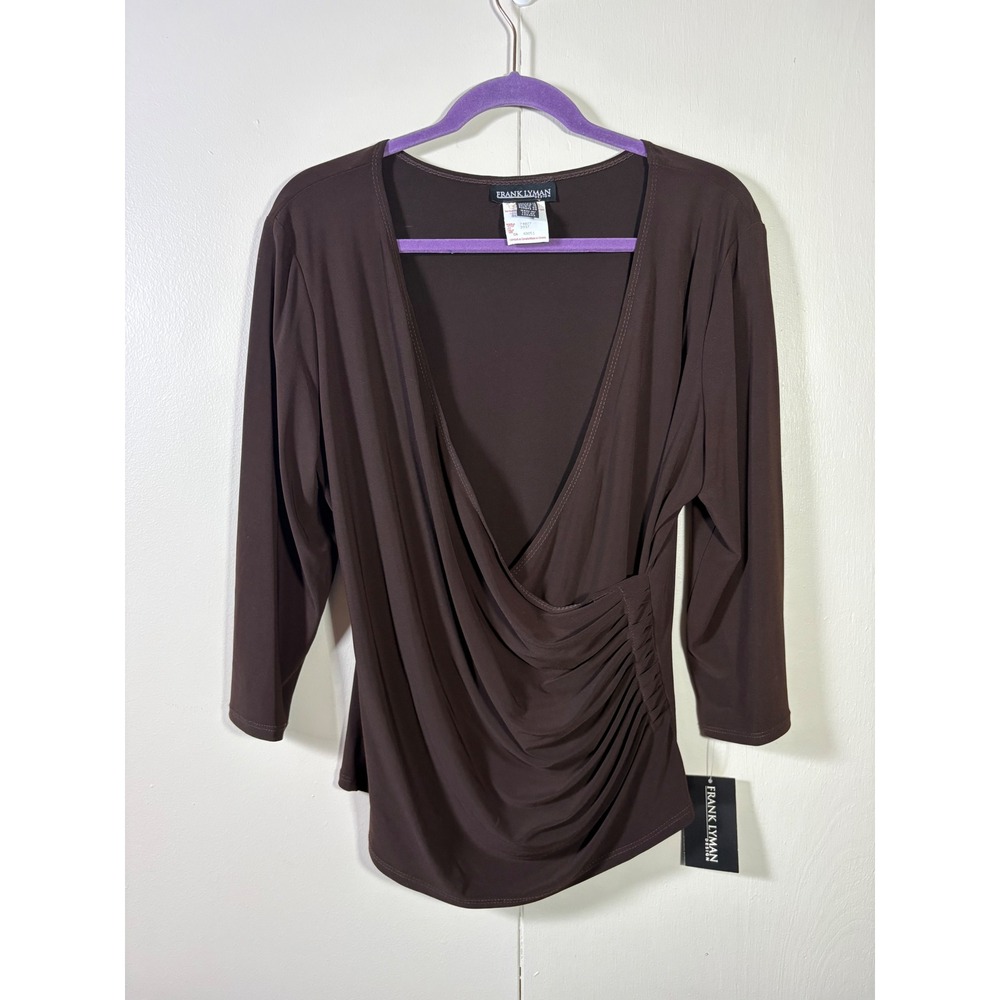 Frank Lyman Design Brown Draped Faux Wrap Ruched Top 18 Y2K Glam Quiet Luxury